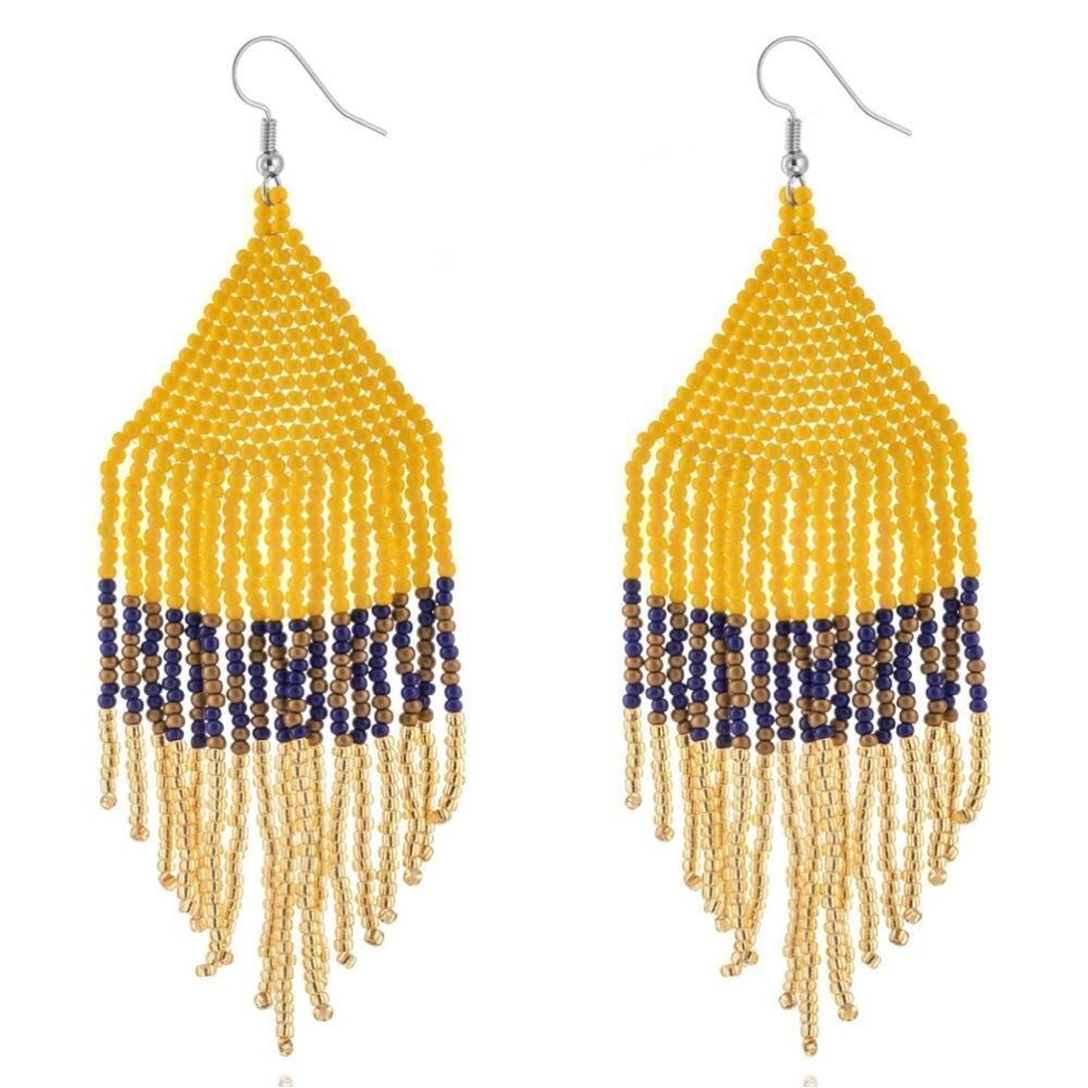 Colorful Bohemian Seed Bead Tassel Dangling Statement French Wire Hook Earrings